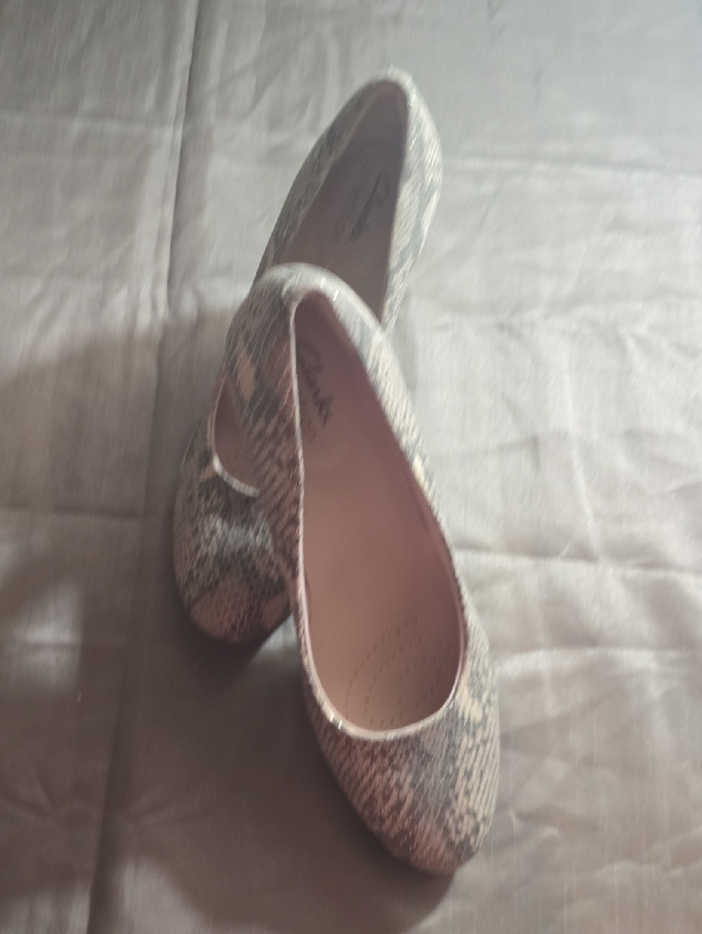 Clarks Women's Snake-Print Heels in Gray and Cream